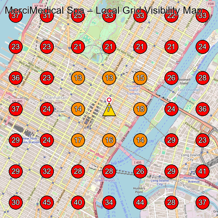 MerciMedical Spa GeoGrid visibility map for Travel Agency in New York